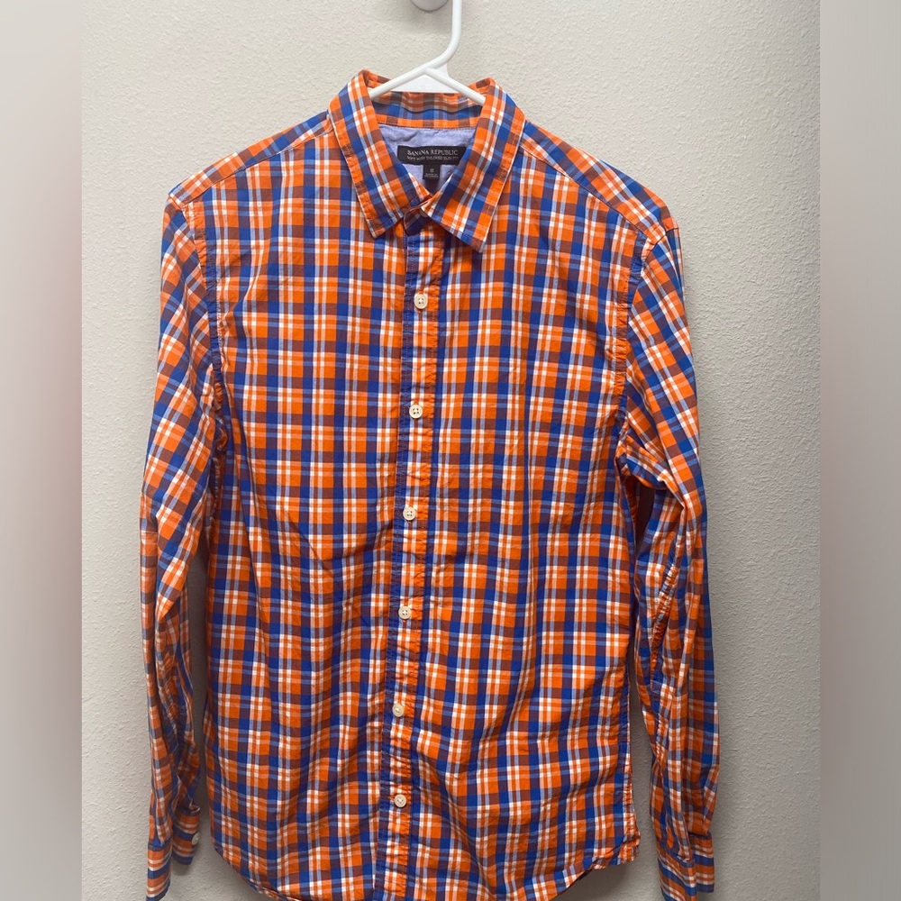 Banana Republic Long Sleeve Button Down Shirt Mens Slim Small Blue Orange Plaid